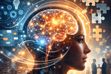 Ilustração de um rosto feminino em perfil integrado a um cérebro digital iluminado, com ícones de engrenagens, quebra-cabeças e pessoas conversando ao fundo, representando o equilíbrio entre inteligência emocional e tecnologia.