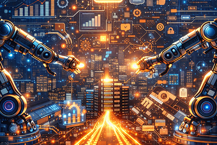 Braços robóticos industriais operando em uma cidade inteligente futurista com gráficos de dados flutuantes e conexões de rede digital, simbolizando inteligência artificial e automação.