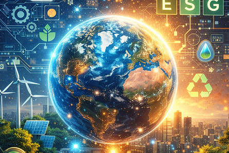 Representação visual de inovação e ESG: globo terrestre integrado a elementos de energia limpa e circuitos digitais, simbolizando a temática do Congresso SUCESU 2026.